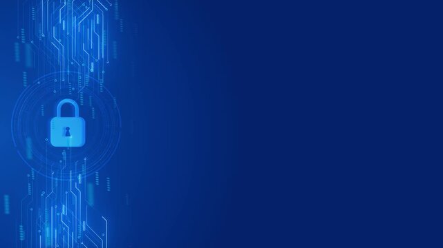 Cyber lock copy space visual blue circuit strip, glowing security symbol, and large empty area for titles. website headers, data privacy videos, login screens, security ads, motion backgrounds.
