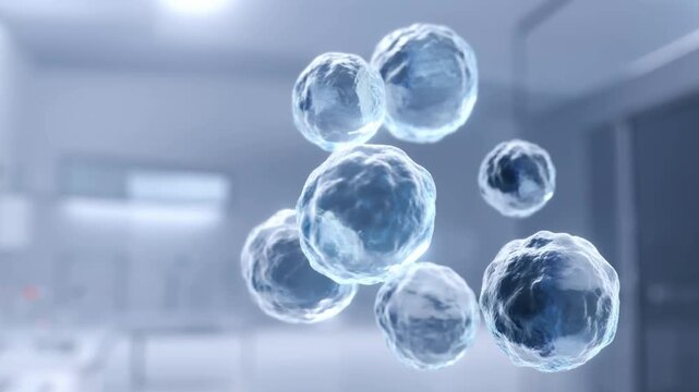 Microscopic view of floating stem cells or organic spherical molecules in laboratory background 3d rendering