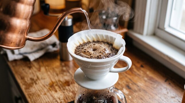 Manual pour over coffee brewing with copper kettle and ceramic dripper.
