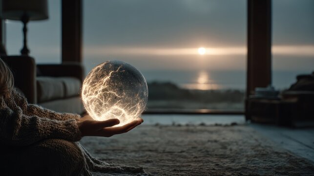 Person holding glowing crystal ball.