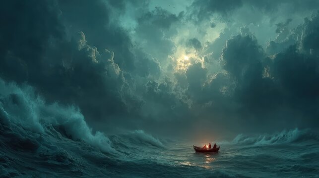 Small boat in stormy sea.