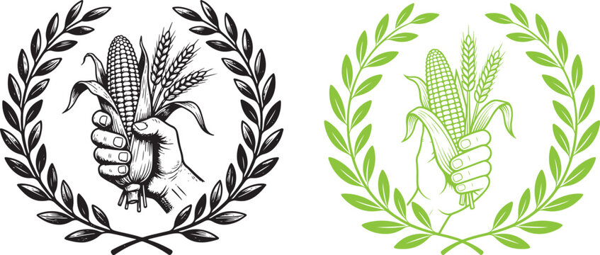 Hand holding corn and wheat stalks inside laurel wreath vector emblem set in black and green line art style for agriculture and harvest logo design