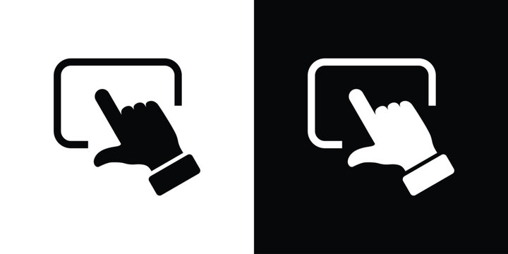 Hand cursor clicking screen corner graphic vector icon. Touchscreen interaction gesture, web page navigation symbol set isolated on solid black and white background layout.