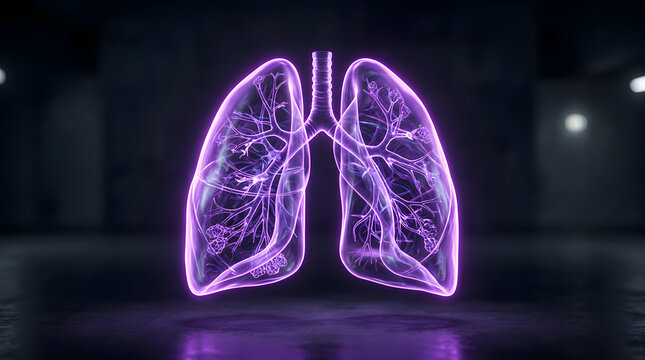 Glowing purple neon human lungs on dark reflective surface.