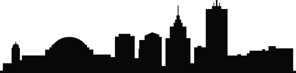 Black silhouette of a city skyline featuring various building shapes and a large dome structure isolated on a white background © Md