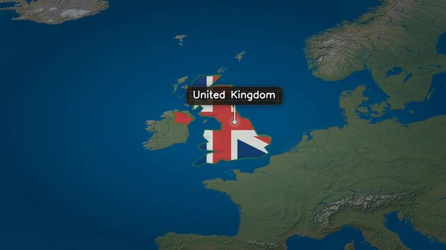 World Map Animation Showing Travel Route Transition From USA To UK With Flag Marker Pin And Location Label On Ocean Background For Geography Tourism Vacation Destination Journey