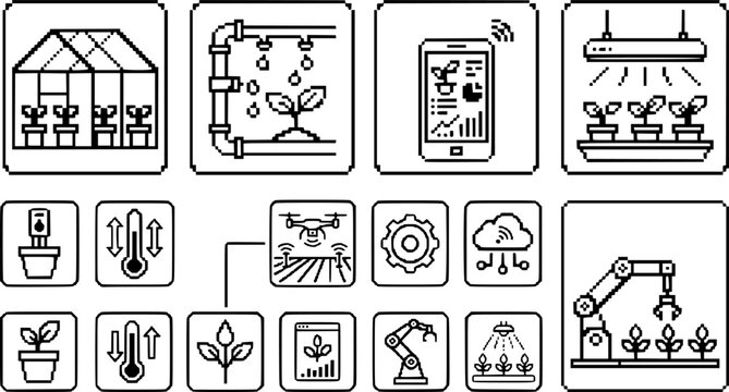 Smart agriculture pixel art icons greenhouse irrigation mobile app plant light.
