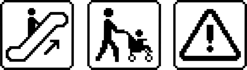 Fototapeta premium Pixelated icons for accessibility and transport: escalator person with stroller caution. 