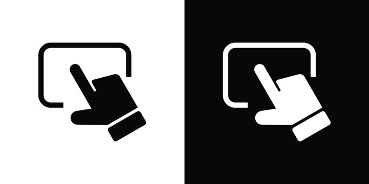 Hand cursor clicking screen corner graphic vector icon. Touchscreen interaction gesture, web page navigation symbol set isolated on solid black and white background layout.
