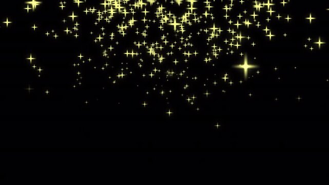 Many bright golden sparkling star shapes on dark black background. Suitable for magical, celestial, festive designs needing a touch of glamour.