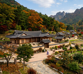 Obraz premium El paisaje otoñal en armonía con los hermosos hanok de Corea.