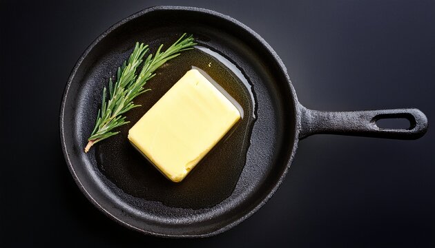 piece of butter in shape of parallelepiped began to melt in hot frying cast iron pan with dark non stick surface rosemary minimalist food art geometric shape melting process clear composition