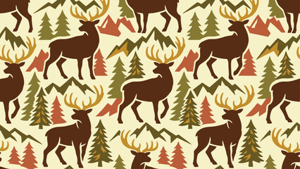 Obraz premium Seamless woodland pattern featuring moose, evergreen trees, and mountain silhouettes for textiles, decor, and branding. Flat vector illustration EPS 10.