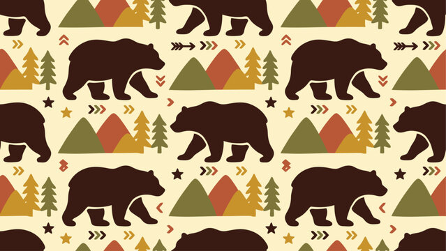 Brown bear silhouette seamless pattern with mountains and pine trees &ndash; retro nature design for fabric, wallpaper and decor. Flat vector illustration EPS 10.