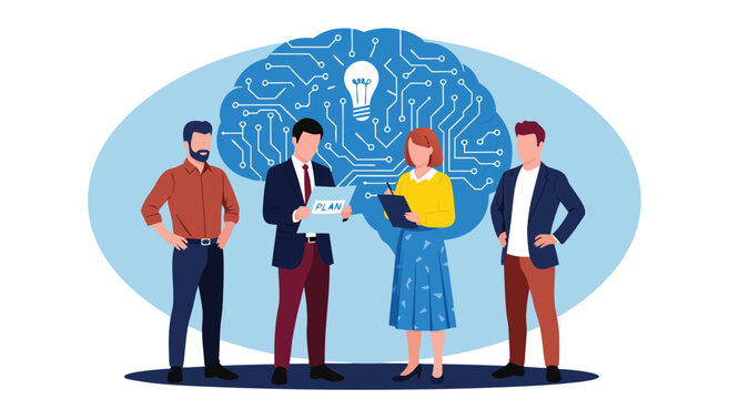 Business Team Brainstorming Tech Solutions with Digital Brain Graphic Vector Illustration Front View