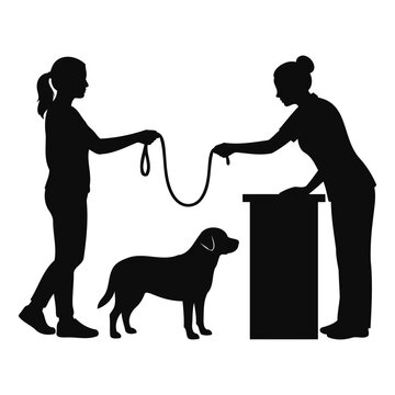 Silhouette of woman handing dog leash to veterinary receptionist at clinic counter