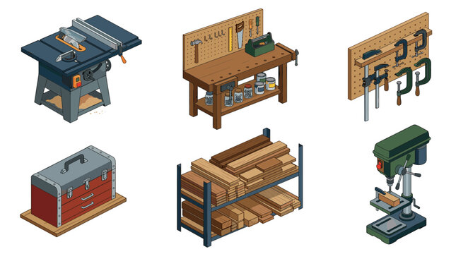 Woodworking tools and materials isometric illustration