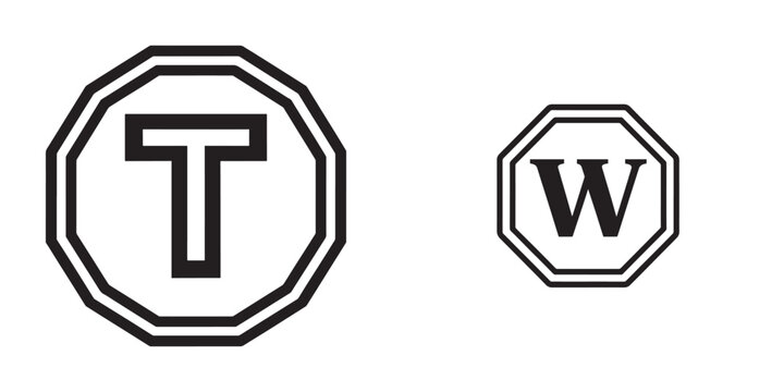 Minimalist black and white monogram icons featuring letters T and W inside geometric polygonal frames for logo design and branding