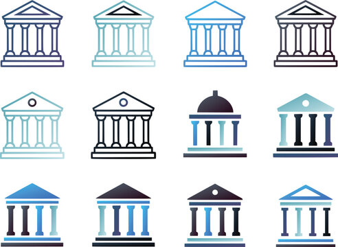 Set of bank and museum building icons with columns and pediments in various simple graphic styles