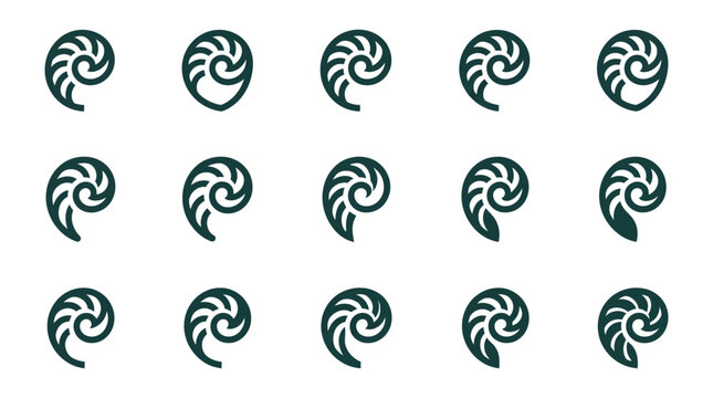 Teal nautilus shell spiral logo design set.