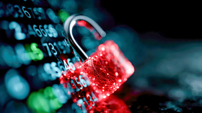 Glowing open red padlock surrounded by digital numbers symbolizes cybersecurity vulnerability, unlocked data, privacy risks, hacking, and unauthorized access