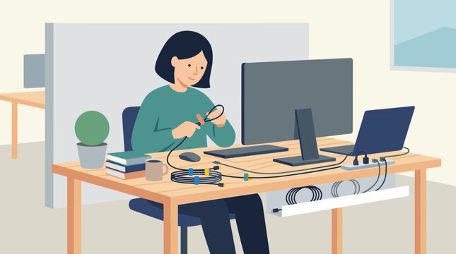 Woman organizing computer cables at her desk in a modern office setting
