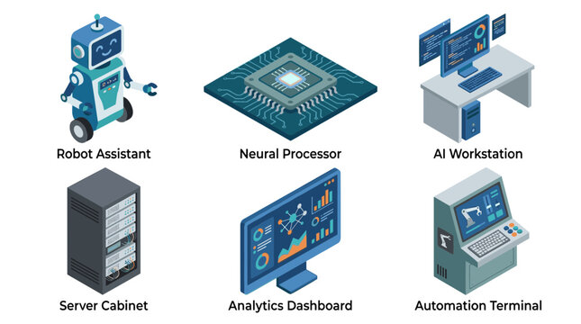 Collection of isometric technology icons including robot AI workstation server and automation terminal