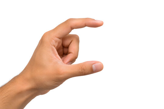 Hand gesture showing small size. Fingers pinching to indicate a tiny amount or measurement.
