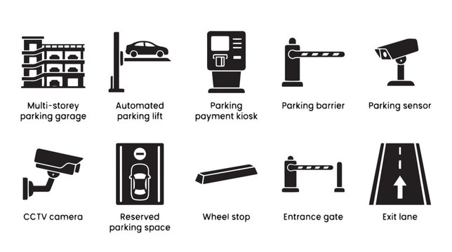 Parking management system icons, set of 10 black vector symbols for garage infrastructure, automated parking equipment and security signage