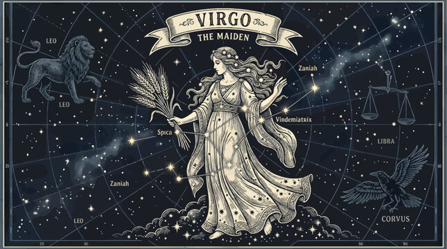 Virgo Constellation Illustration with Maiden Holding Wheat, Surrounded by Stars, Leo, Libra, and Corvus Symbols, Celestial Night Sky Background, Zodiac Graphic