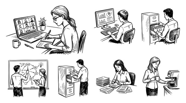 Office life sketches showing teamwork and individual tasks