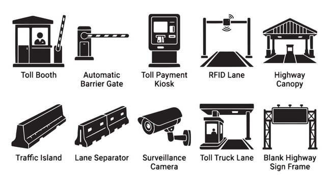 Highway toll booth and road infrastructure icon set, 10 black vector silhouettes of automatic barrier gates and RFID payment kiosks