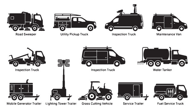 Industrial service vehicle silhouette icons, set of 12 municipal maintenance trucks and utility trailers, commercial transport and heavy machinery vector