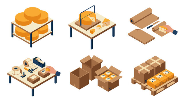 Cheese production and packaging process isometric illustration