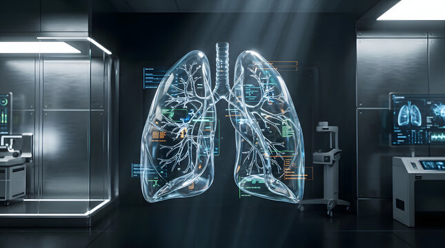 Glowing white lung hologram in minimalist room.