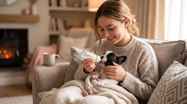 Young Woman Bottle Feeding a French Bulldog Puppy at Home
