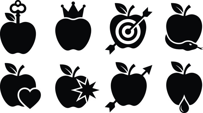 Conceptual apple icon set featuring creative shapes metaphor symbols and story elements vector silhouettes