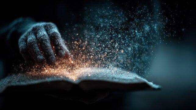Hand touching magic book sparks.