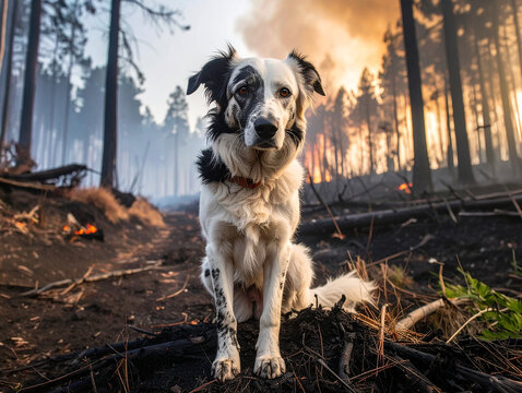 Perro asustado en un incendio forestal en un bosque de pinos, concepto de emergencia ambiental, rescate animal, cambio clim&aacute;tico, desastre natural, evacuaci&oacute;n y protecci&oacute;n de la fauna