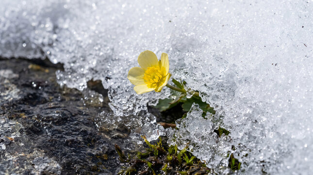 A single yellow buttercup flower emerging through melting snow and ice in a spring mountain landscape