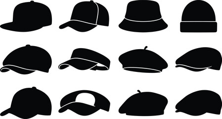 Hat and headwear silhouette icon set featuring black shapes of baseball caps beanies berets and bucket hats © MdRasel
