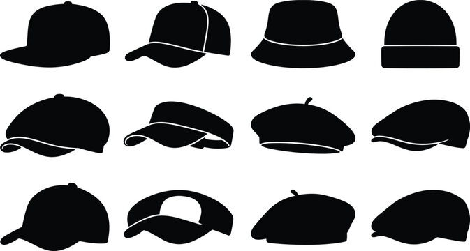 Hat and headwear silhouette icon set featuring black shapes of baseball caps beanies berets and bucket hats