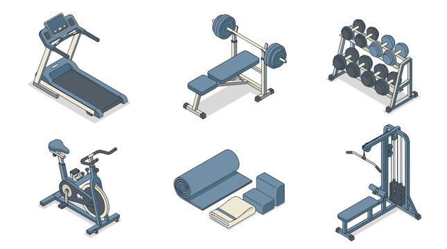 Gym Equipment Isometric Collection Treadmill Exercise Bike Weight Bench Dumbbells Lat Pulldown
