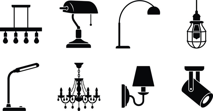 Lighting fixtures and lamps icon set with black silhouettes of chandeliers desk lights and wall sconces