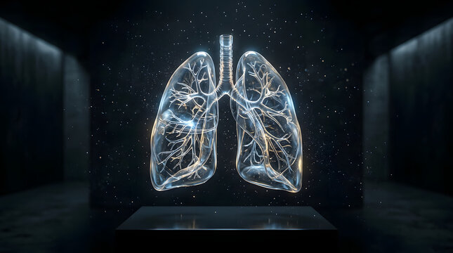 Golden glowing human lung hologram on museum pedestal.