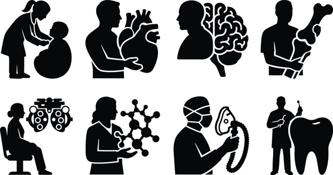 Medical specialists and clinical healthcare fields black silhouette vector icons collection for hospital branding