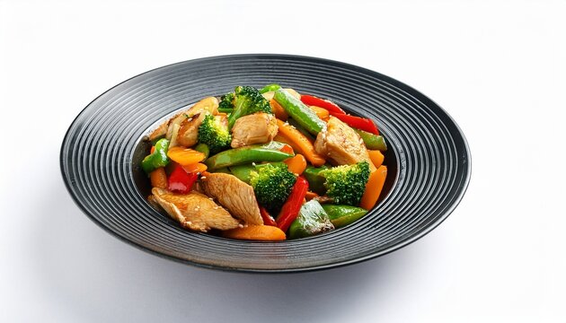 a colorful stir fry with vibrant vegetables and tender pieces of chicken full length isolate on white background