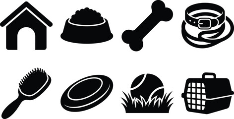 Pet care accessories and dog supply icon set featuring doghouse food bowl collar and carrier vector silhouettes © MdRasel