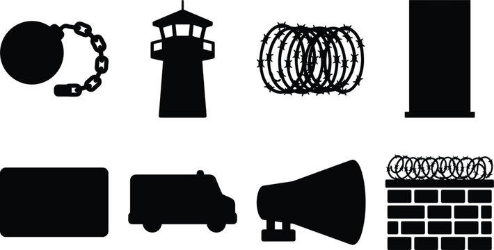Prison and security icon set featuring black silhouettes of watchtower barbed wire handcuffs and guard wall vectors