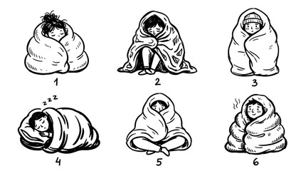 Fototapeta premium Collection of six illustrations of people wrapped in blankets in various poses